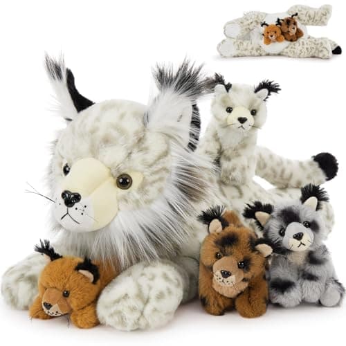 Muiteiur 5 Piece Lynx Stuffed Animals Soft Bobcat Stuffed Animals with Babies18inch Cute Plush Toy for Kids Girls Boys Fun Gift for Birthday Children Day White