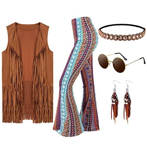 Leumoi 5 Pcs 60s 70s Costume for Women Disco Outfits Hippie Accessories Fringe Vest Boho Flared Pants Set for Halloween(Small,Retro)