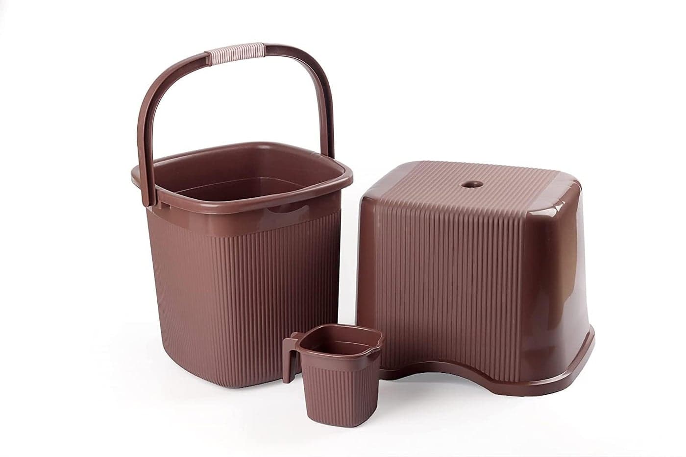 Nayasa Rimmy Strong Plastic Bucket, Mug and Stool Set (3pc Set)| Bathroom Set | (Dark Brown, 25 Liter bucket, 1.5ltr Mug, a Stool)