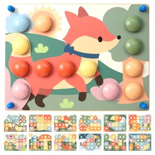 Nene Toys Wooden Color Matching Pegboard for Toddlers 2 Pastel Button Art Mosaic Puzzle with 24 Wooden Pegs 12 Pattern Cards Montessori Fine Motor Toy for 2 3 Year Old Boys Girls