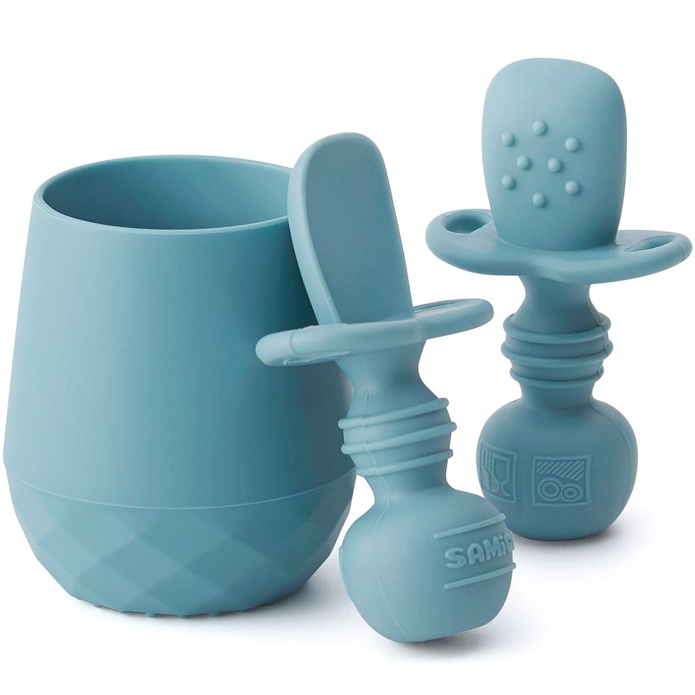 SAMiGO Silicone Baby Utensils Self Feeding Spoons and Tiny Training Cup First Stage Baby Led Weaning Supplies for 6 Months Infants Set of 3