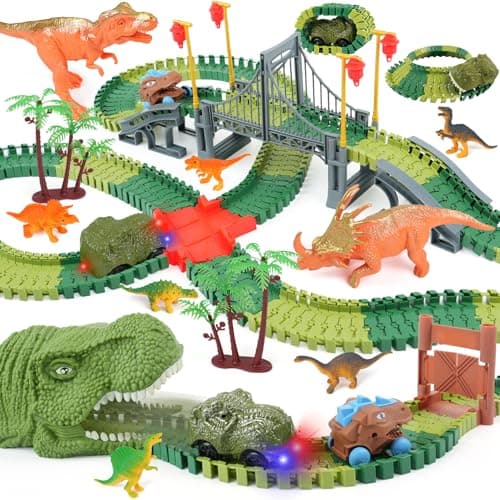 ToyFuntasy Dinosaur Track Toys for Kids Best Birthday Gifts for 3 4 5 6 7 Year Old Boys Flexible Race Car Track Set with Light Sound Create a Dino World Adventure