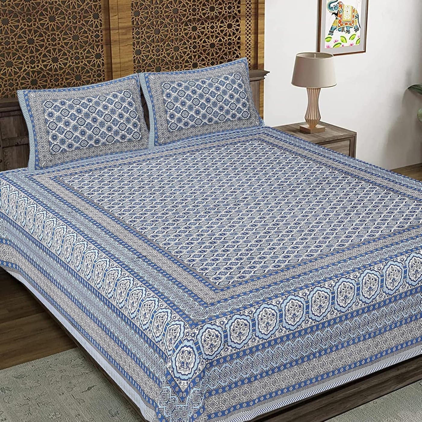 WESTLYN Hand Block Print 300 TC Cotton King Size Bedsheet MultiColoured97