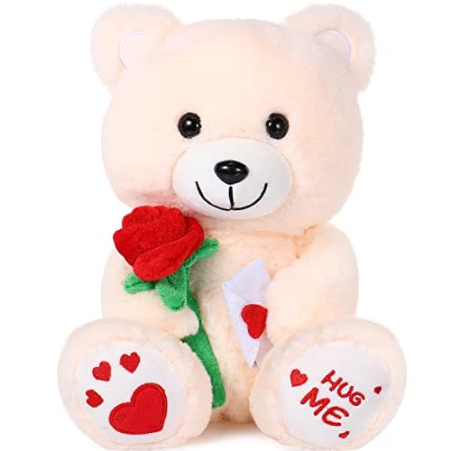 Chalyna 10 Inches Bear Stuffed Animal Gift Bear Toy with Rose Plush Stuffed Animal with Heart Rose Ositos Cariositos Peluches for Girlfriend for Women Mothers Day