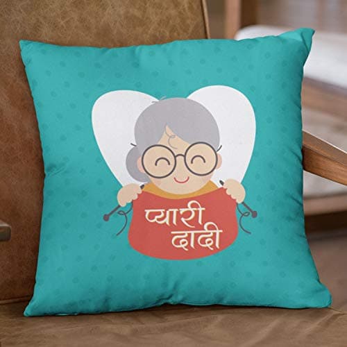 Yaya Cafe 12x12 inches Poly Satin Cushion (with Filler) Pyaari Dadi Printed Grandmother Birthday Throw Pillow Sofa - Sky Blue