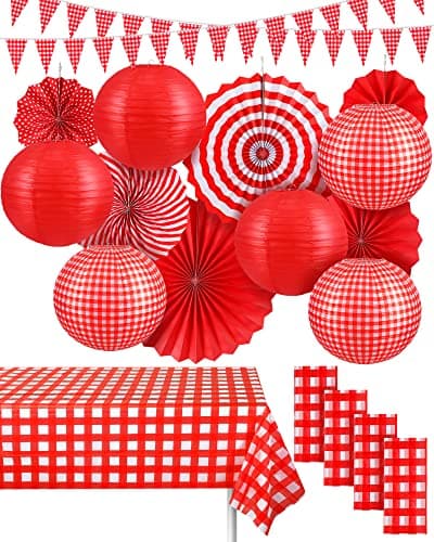 Hortsun 18 Pcs Picnic Party Decorations Red Gingham Party Supplies Include Checkered Pennant Banner Hanging Paper Fans Lanterns Plastic Tablecloth for BBQ Birthday Dinner Wedding Baby Shower