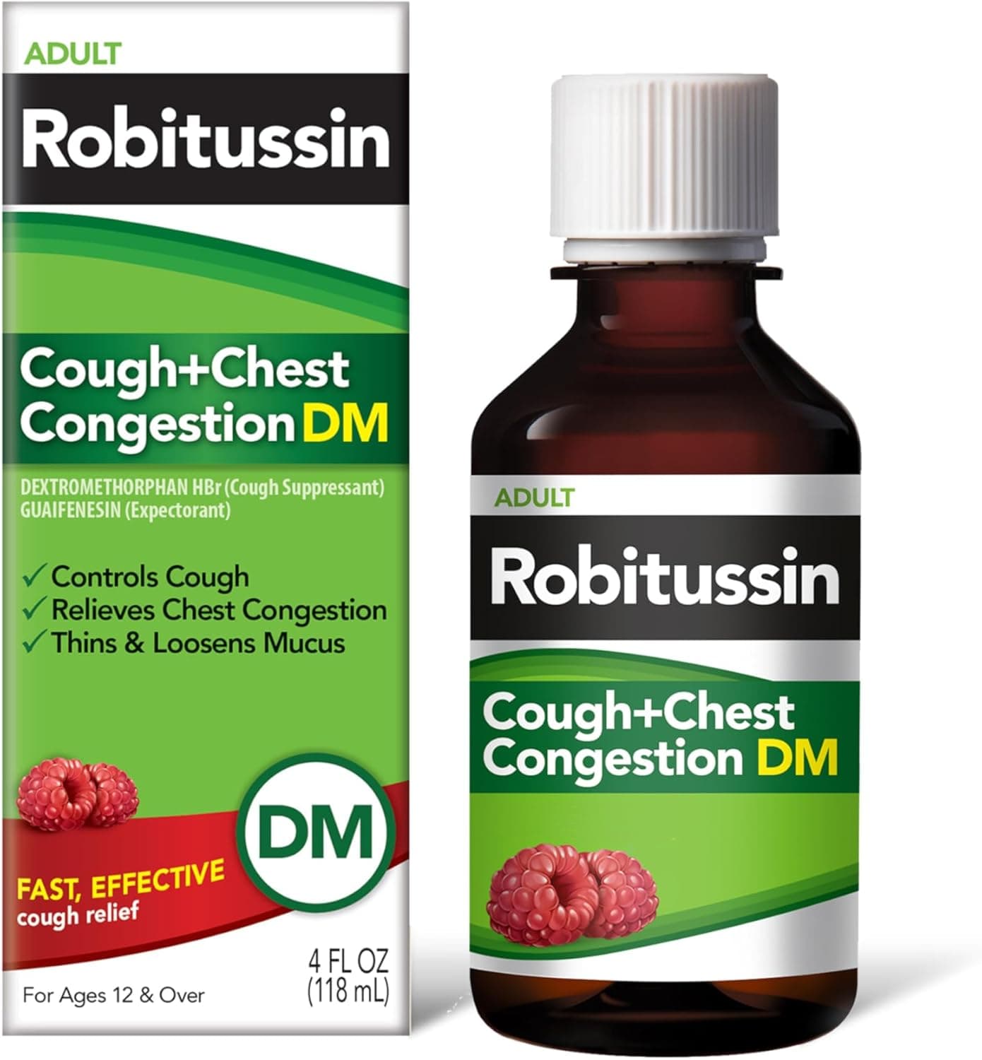 Robitussin Cough and Chest Congestion DM, Cough Suppressant and Expectorant, Raspberry Flavor - 4 Fl Oz Bottle