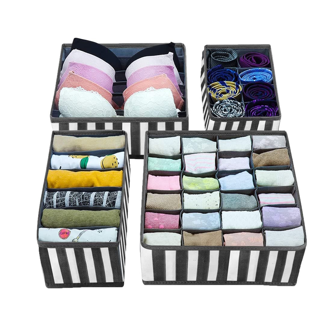 PrettyKrafts 4 Piece Non Woven Foldable Drawer Organizer with Compartments, Stripes Black