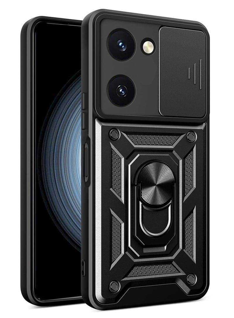 vivo Y03 4G/ Y18 4G/ Y18e 4G/ Y28s 5G Case, Slide Camera Lens Cover + 360°Rotating Kickstand Ring + Support Magnetic Car Mount Shockproof Mobile Phone Case Black