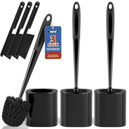 Toilet Brush 3 Pack Toilet Brush and Holder Set Bathroom Accessories Toilet Bowl Brush and Holder with 3 Crevice Brush for Bathroom Toilet Scrubber Brush Black