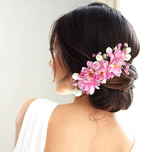 Hair Flare Artificial Flower and Pearl Bridal Hair Vein/Hair Pins for Women and Girls, Elegant Handmade Fashion Hair Accessories - 2405, Dark Pink