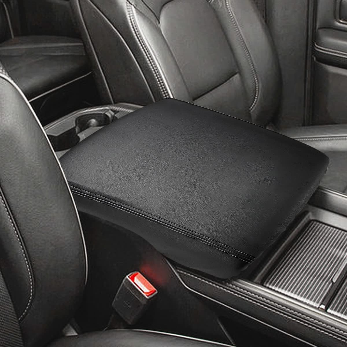 INTGET Car Center Console Cover for 2024 2025 Dodge Ram 1500 2500 3500 Accessories 2019 2020 2021 2022 2023 Armrest Arm Rest Box Lid Protector Pad Cushion Dog Seat Cover Black with Black Stitches