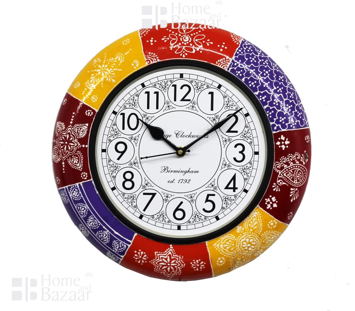 Home and Bazaar Handpainted Rajasthani Ethnic Decorative Wooden Wall Clock with 8 Inch Dial for Home/Living Room/Office/Dining Hall/Bedroom - Size (12X1X12 Inch)