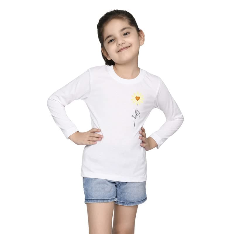 Nusyl Girls Full Sleeves T-Shirt for Kids | Cute Printed Casual Wear | Soft Cotton Blend | Comfortable Regular Fit | 2-16 Years | White