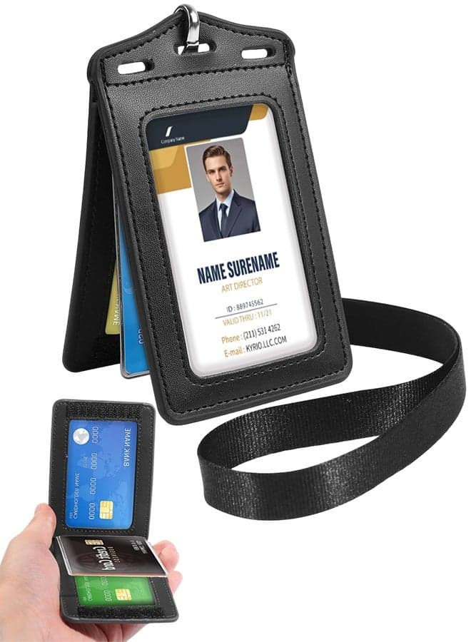 ID Card Holder with Lanyard and Badge Clip, Tri-Fold Leather ID Holder with Clear ID Window,with Card Slots for Name Tags, Credit Cards, Bank Cards and Passports, Black