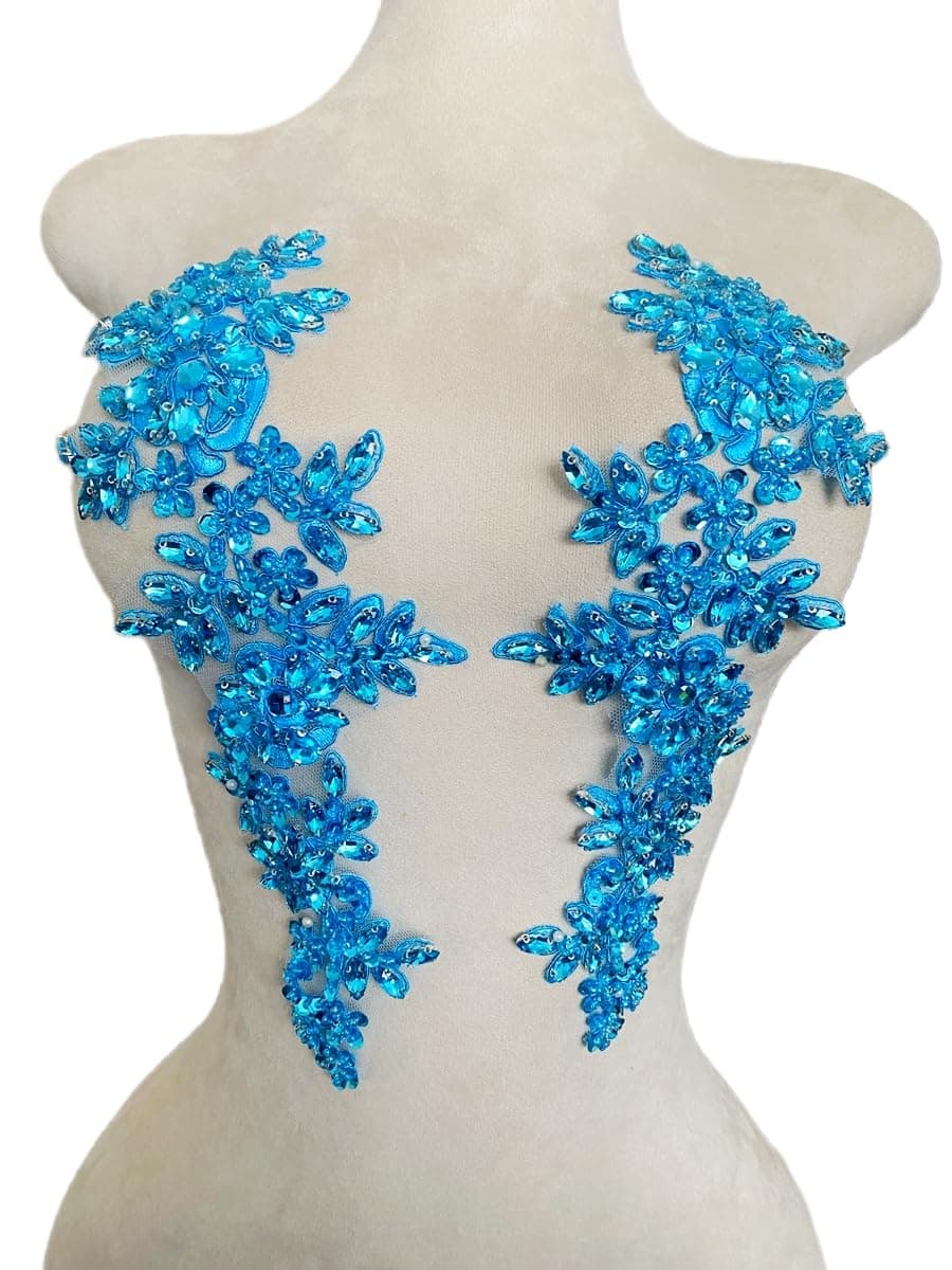 Zbroh Handmade redWhiteGreenBlue Rhinestones Applique Sewing Beads Stones Trim lace Patches Accessory for Dress Clothes one Pair SkyBlue
