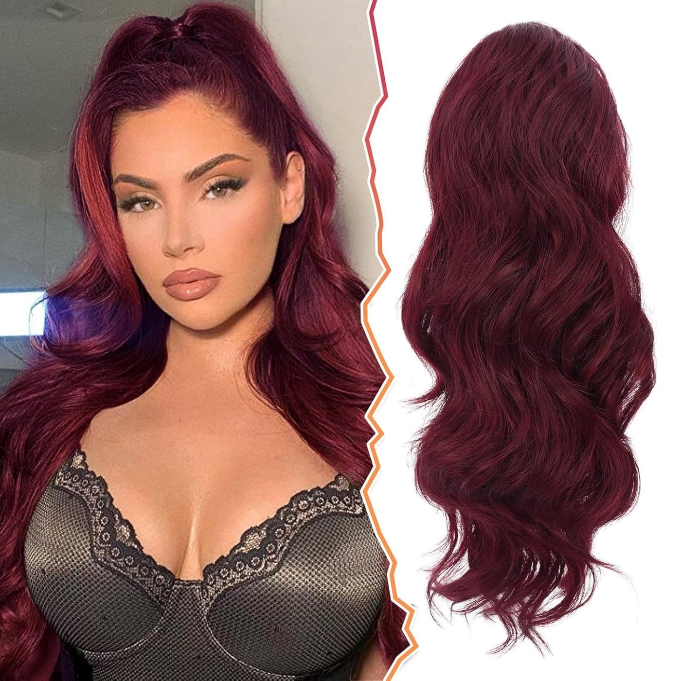 BARSDAR Red Ponytail Extension 16 Inch Wavy Drawstring Ponytail Hair Extensions Clip in Ponytails Synthetic Red Pony Tails Hairpieces for Women Daily Party Halloween Burgundy