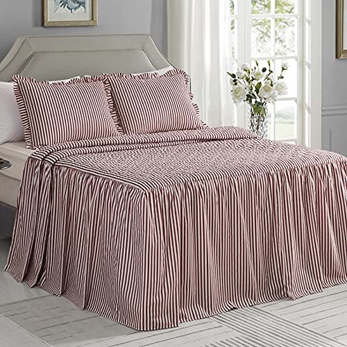 CHIXIN Ticking Stripe Ruffle Skirt Bedspread Queen Size - 30" Long Drop, Shabby Chic Style, Lightweight Bedding Cover, 3 Piece Set, Burgundy Red
