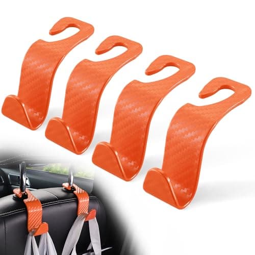 LivTee Car Purse Hook, 4 Pack Universal Auto Seat Headrest Hook Hangers Organizer for Coats, Umbrellas, Groceries - Carbon Fiber Orange