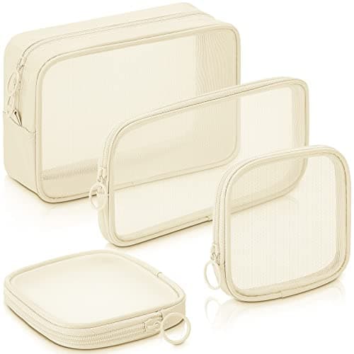 Weewooday 4 Pcs Mesh Makeup Bag Mesh Cosmetic Bag Travel Toiletry Pouch with Zipper Mini Makeup Cosmetic Purse for Daily Accessory(Small, Large, Medium,Beige)