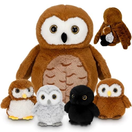 Hollowfly 5 Pcs Owls Plush Toy Gift Set 134 Mommy Barn Owls with 4 Cute Babies Stuffed Animal in Zippered Back Nurturing Plushies Toy Set for Kid Adults Birthday Party Favors Gifts