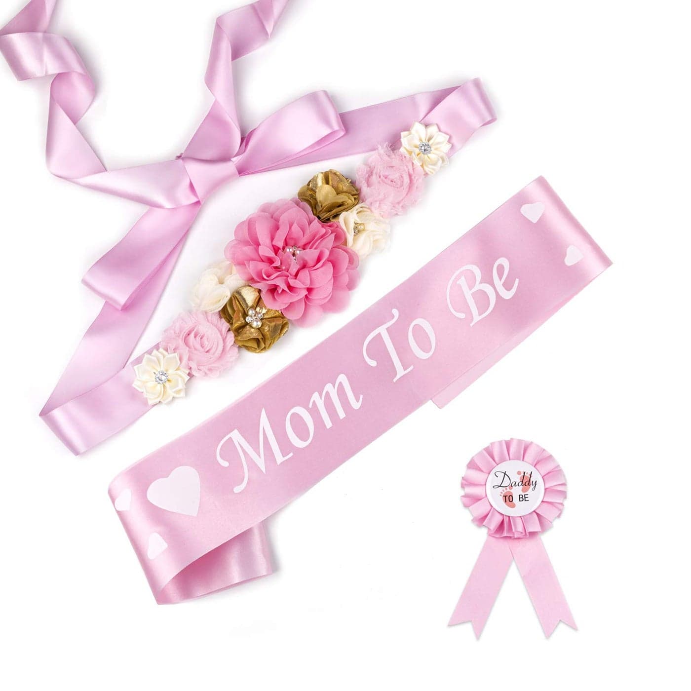 Baby Shower Maternity Sash Belly Belt Mom to Be Dad to Be Button Pin Pregnancy Maternity Flower Sash Belt for Gender Reveal Pink Baby Girl