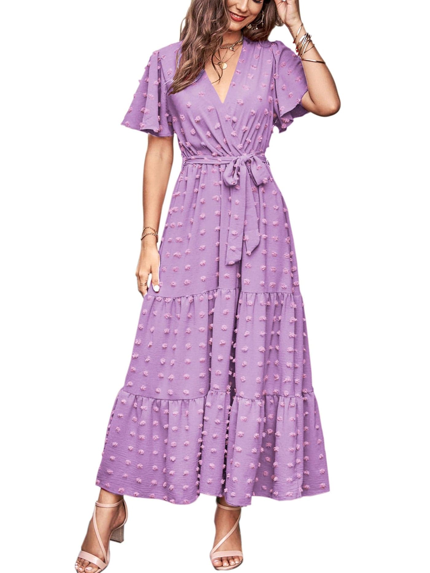 MASCOMODA Womens Swiss Dot Maxi Spring Wedding Guest Dress 2025 Casual Wrap V Neck Flutter Sleeve Long Flowy Party Dresses(Light Purple,Small)