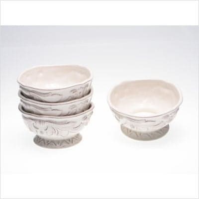 Firenze Ivory 6-Inch Ceramic Ice Cream Bowls, Set of 4 – Elegant Embossed 22 oz Dessert Bowls with Vintage Scroll Rim – Classic White Dishware for Sweets, Snacks, and Entertaining