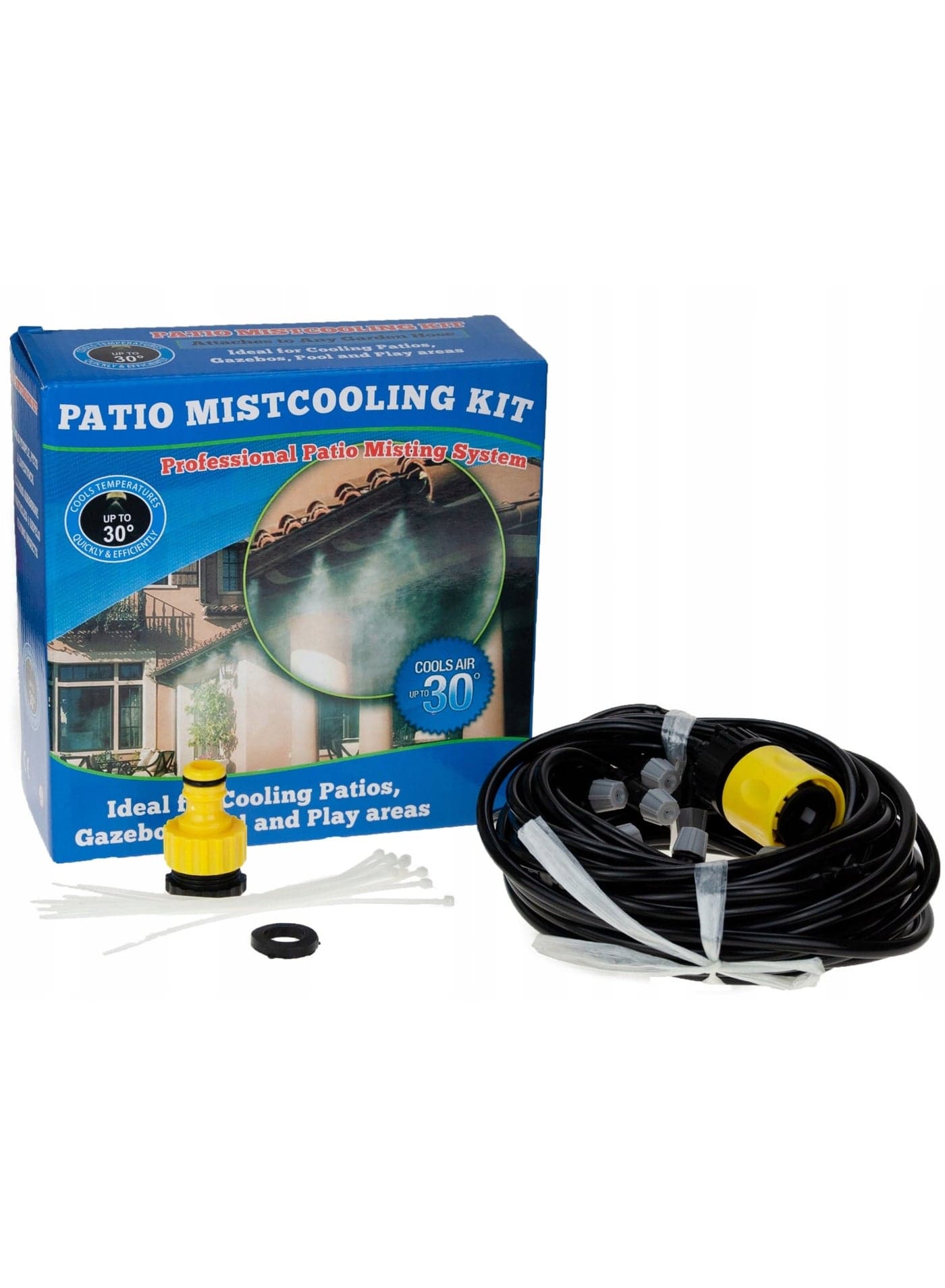 Outdoor Patio Misting Cooling Kit Complete Water Mist Spray System with Durable Hose Multiple Nozzles and Easy Faucet Connector for Poolside Garden Pergola and Play Area
