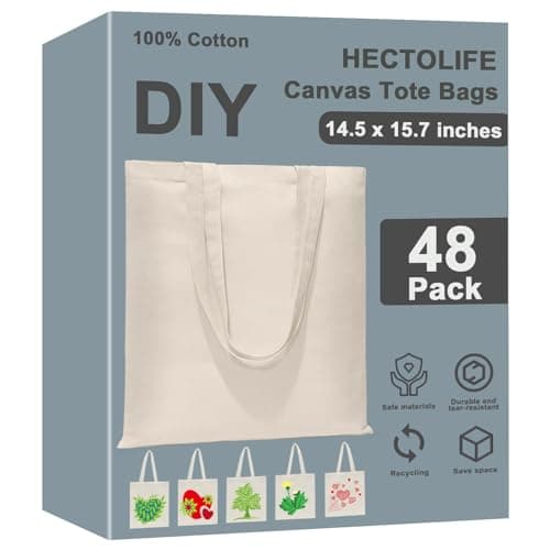 HECTOLIFE 48 Pack Canvas Tote, Reusable Blank Canvas for Shopping,Grocery Bags,DIY Gift Bags
