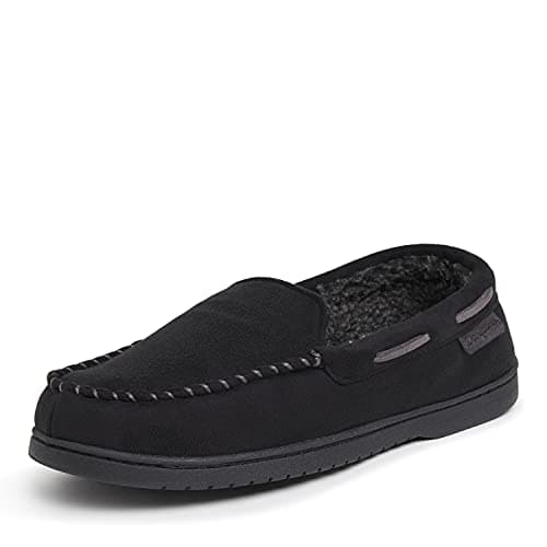 Dearfoams Men's Keaton Memory Foam Moccasin with Wide Widths Slipper, Black Microsuede, 11-12