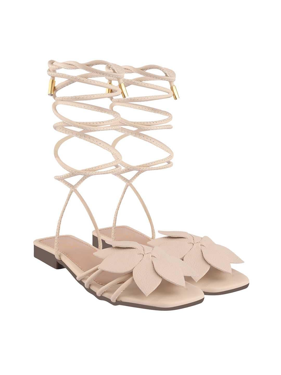 Shoetopia Elegant Cream Flat Sandals with Floral Detail | Chic Lace-Up Straps | Comfortable Summer Footwear for Women EU41