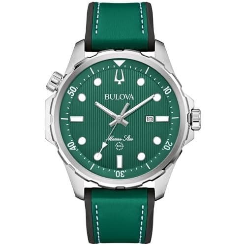 Bulova Men's Marine Star Quartz Silver Stainless Steel Case, Green Leather with Silicone Accent Strap,Style:96B449