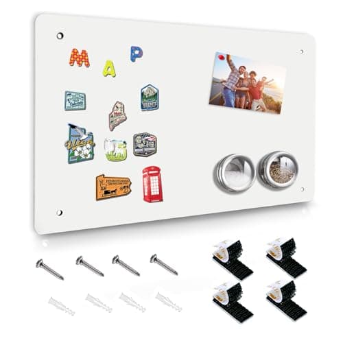 White Magnetic Board,17.5" x 11.4" Magnet Bulletin Board to Display Magnetic Notes, Poetry, Photos, Suitable for Wall, Refrigerator, Cabinet etc, Come with 4 Pcs Dual Lock Tape and Screws
