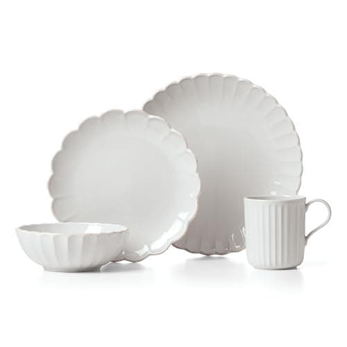 Lenox Dinnerware Set, French Perle Scallop 4-Piece Place Setting, Service For 1, Dinnerware Set, Stoneware, Includes Plates, Bowl, and Mug, Dishwasher And Microwave Safe, Dish Set (White, 4 Piece)