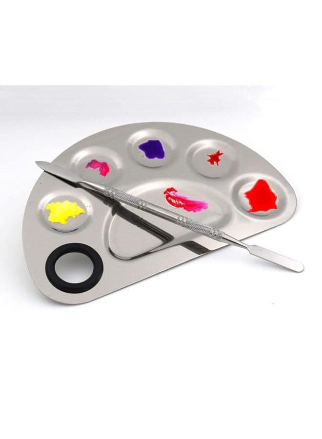semicircle Makeup Palette Stainless Steel 6-dents Nail-art Cosmetic Artist Mixing Palette with 6 Inches Spatula Tool