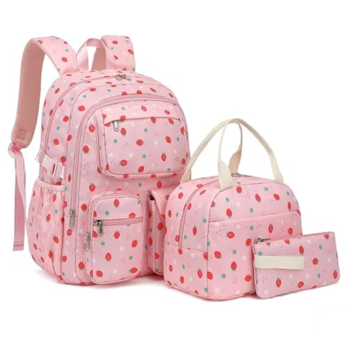 Lroiutian Girls Backpack Set for School Backpacks with Lunch Box Pencil Case 3 Piece Bookbags Kids Elementary Teen Student Lightweight School Bag SetStrawberry Pink
