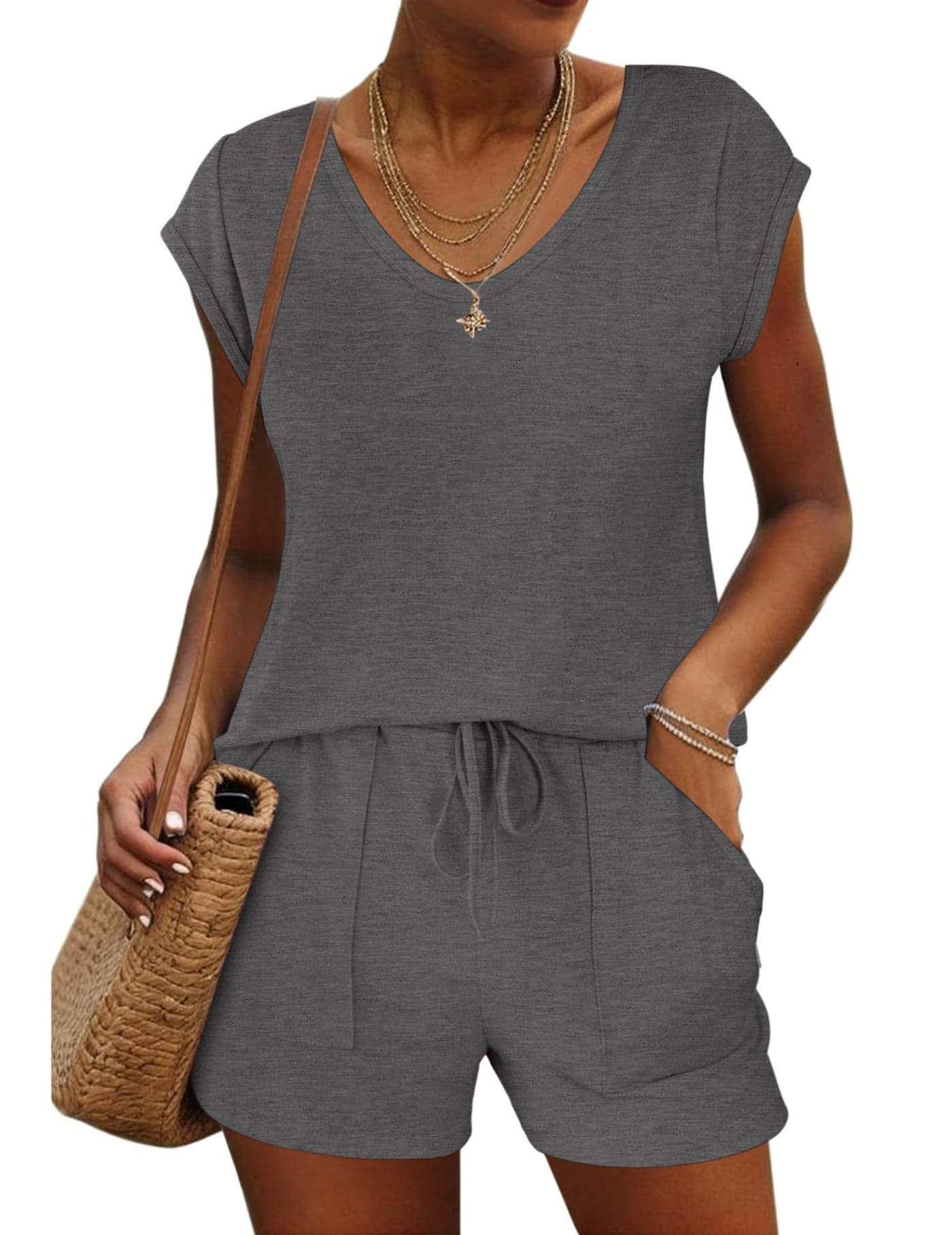 Ekouaer Womens Pajama Sets Comfy Short Sleeve Sleepwear Tops and Shorts Cute Pjs 2 Piece Lounge Set,Dark Grey,Small