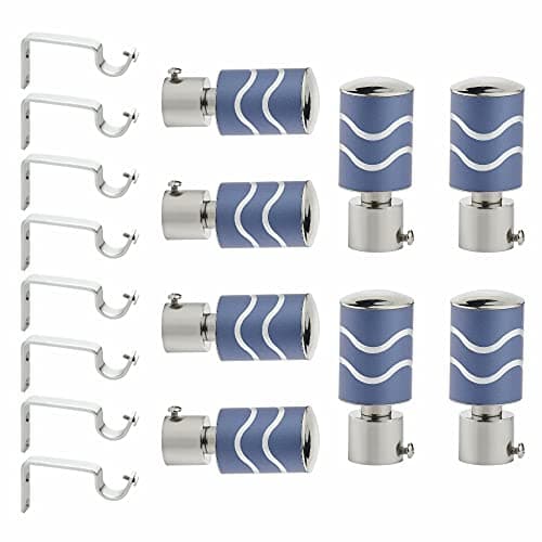 GLOXY Stainless Steel Brackets Parda Holder with Support 1 Inch Curtains Rod Pocket Finials Designer Door and Window Curtain Holders and Rod Support Fittings (Blue, 4 Pair Set)