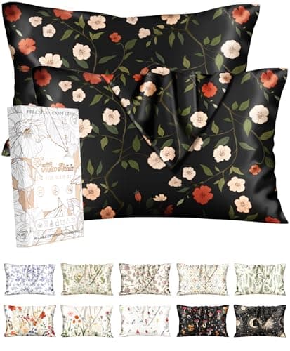 Miss Adola 2 Pack Silk Pillowcases - 20x36 Inch King Size Silk Pillow Cases with Hidden Zipper for Women Lady Smooth Soft Breathable Cooling Design Pillowcases for Hair and Skin, Black Flowers