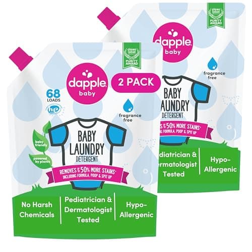 Dapple Baby Laundry Detergent, Powered by Plants, Concentrated, Hypoallergenic, Fragrance Free, Eco-Friendly Pouch, Stain Remover, 34 Fl Oz (2 Pack)