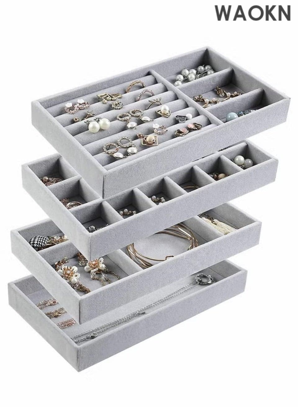 4 PCS Stackable Jewelry Organizer Trays, Drawer Organizer and Jewelry Display Case Storage Container for Earring Necklace Rings Bracelet with Removable Dividers(Grey)