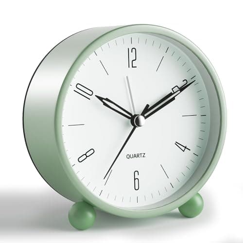 Kadio Plastic Analog Alarm Clock, 4 Inch Super Silent Non Ticking Small Clock with Night Light, Battery Operated, Simply Design, for Bedroon, Bedside, Desk (Light Green)