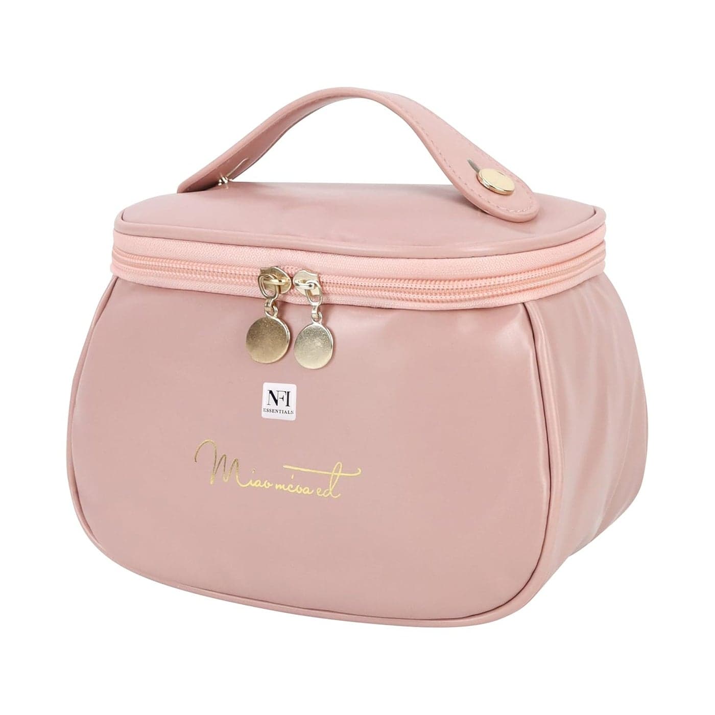 NFI essentials Cosmetic Travel Organizer Bag Womens Makeup Pouch Toiletry Bag Portable Leather Wide Opening Cosmetics Bag With Handle For Girls 12Cm Pink