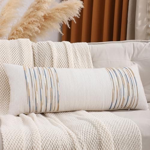 Tosleo Boho Lumbar Throw Pillow Cover 14x36 Long Body Lumbar Decorative Pillow Case Accent Chenille Striped Pillowcase Farmhouse Cushion Case for Spring Home Decor Yellow and Blue (1 Piece)