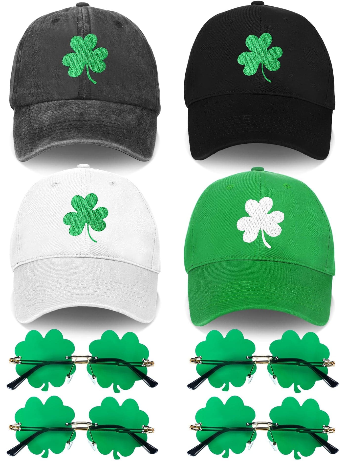 Breathffy 4 Pcs St. Patrick's Day Shamrock Baseball Hat and 4 Pcs Irish Clover Sunglasses Leprechaun Unisex Adjustable Embroidery Baseball Cap for Men Women Party Green Decor Accessories