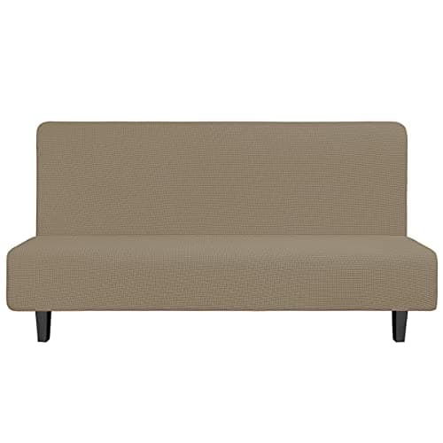Easy-Going Stretch Futon Slipcover Armless Futon Bed Cover Furniture Protector Without Armrests with Elastic Bottom for Kids, Soft Jacquard Fabric Small Checks (Large, Natural)