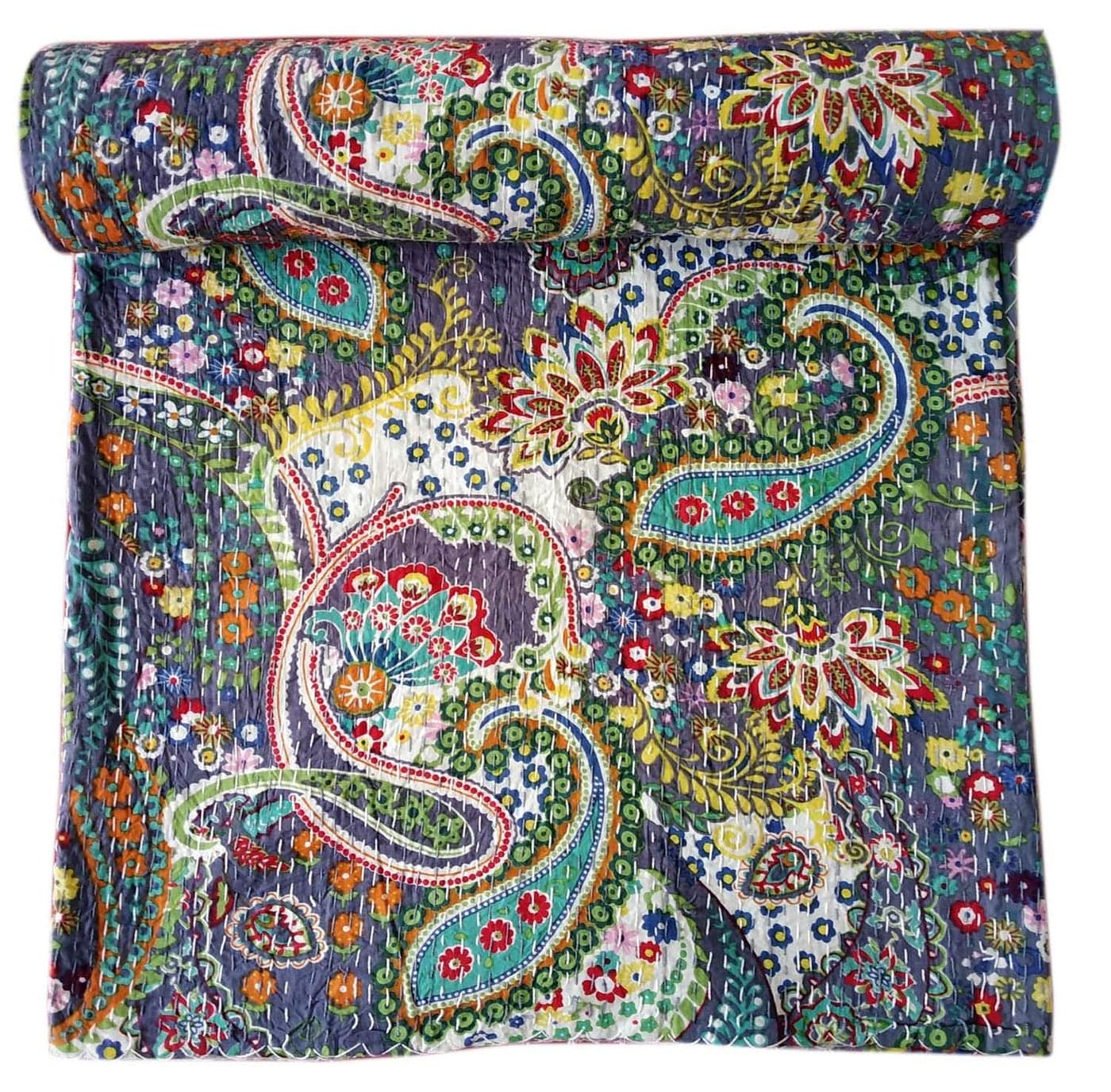 Kirti Textile and Handicraft Handmade Paisley Print Throw Kantha Quilt Cotton Kantha Bedspread Kantha Coverlet Blanket