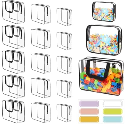 18 Packs Toy Storage Bags with Labels Clear PVC Puzzle Storage Bags Waterproof Travel Toy Organizer Bags with Zipper for Building Blocks Kids Books 3 Size