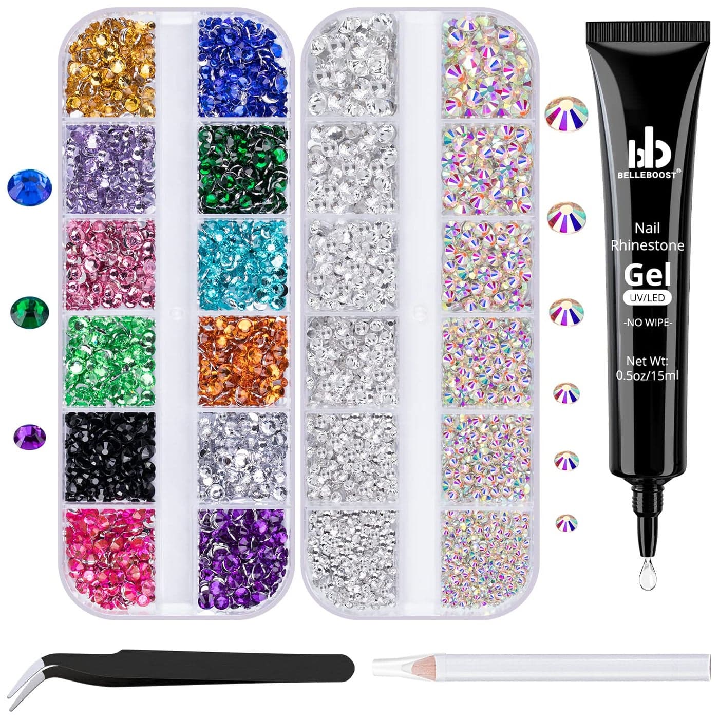 BELLEBOOST Nail Art Rhinestone Glue Gel2 Boxes Flatback Gems Kit 1 Tube of 15ml Rhinestone Gel GlueColorful GemsFlat Back Round Glass Crystal ABClear Gemstones with Pickup Tools